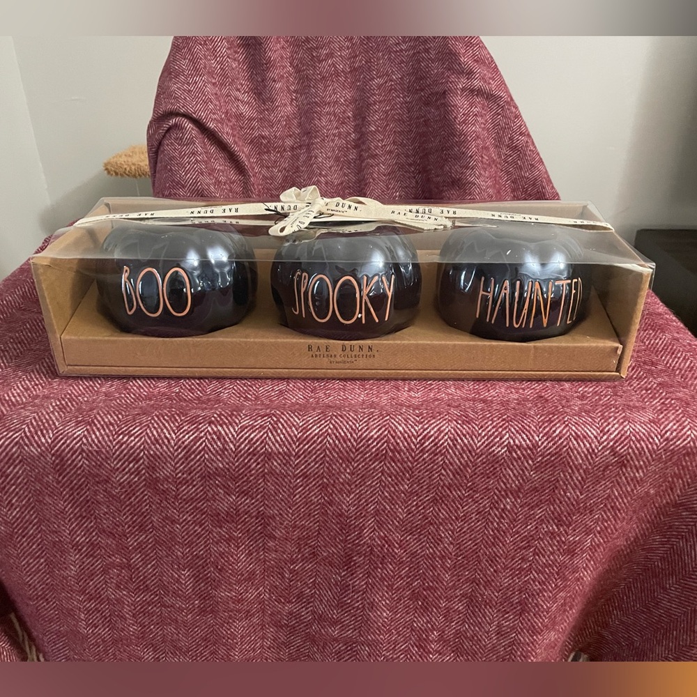 Rae Dunn “Boo, Spooky, and Haunted” tealight candle holders.